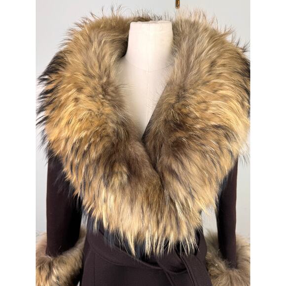 VINTAGE VTG Brown Purple Long Coat Fur Trim Belted Tie Waist Long Sleeve M? - Picture 3 of 11